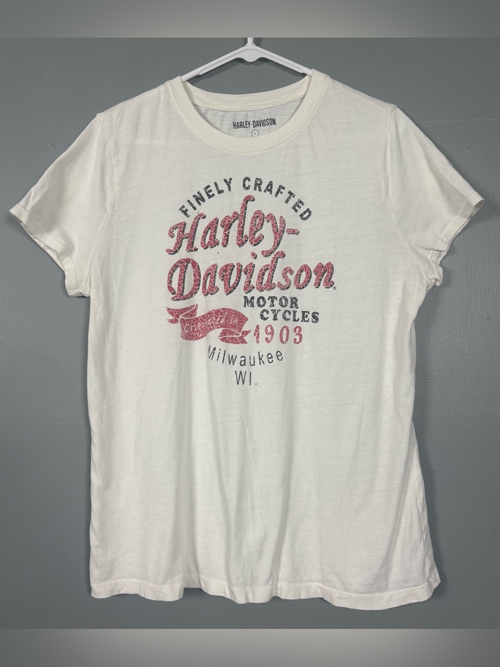Harley Davidson Retro Style Grunge Short Sleeve Off-White Red Short Sleeve Tee